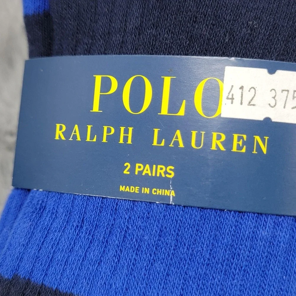 Polo Ralph Lauren Socks Mens 10-13 Blue Yellow Rugby Stripe Crew 2 Pairs
